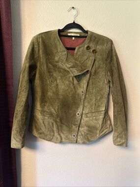 #815 In Suede Olive Green Asymmetrical Leather Jacket Size Medium